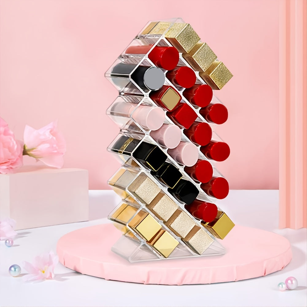 A clear acrylic lipstick holder organizer displaying multiple lipsticks in an elegant arrangement.