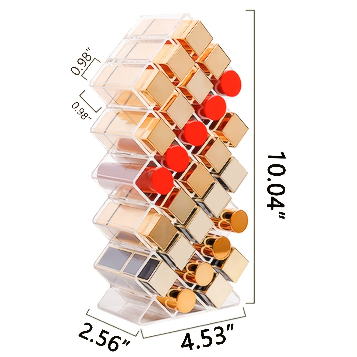 A clear acrylic lipstick holder organizer displaying multiple lipsticks in an elegant arrangement.