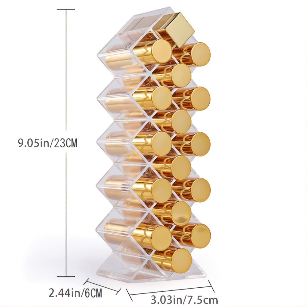 A clear acrylic lipstick holder organizer displaying multiple lipsticks in an elegant arrangement.