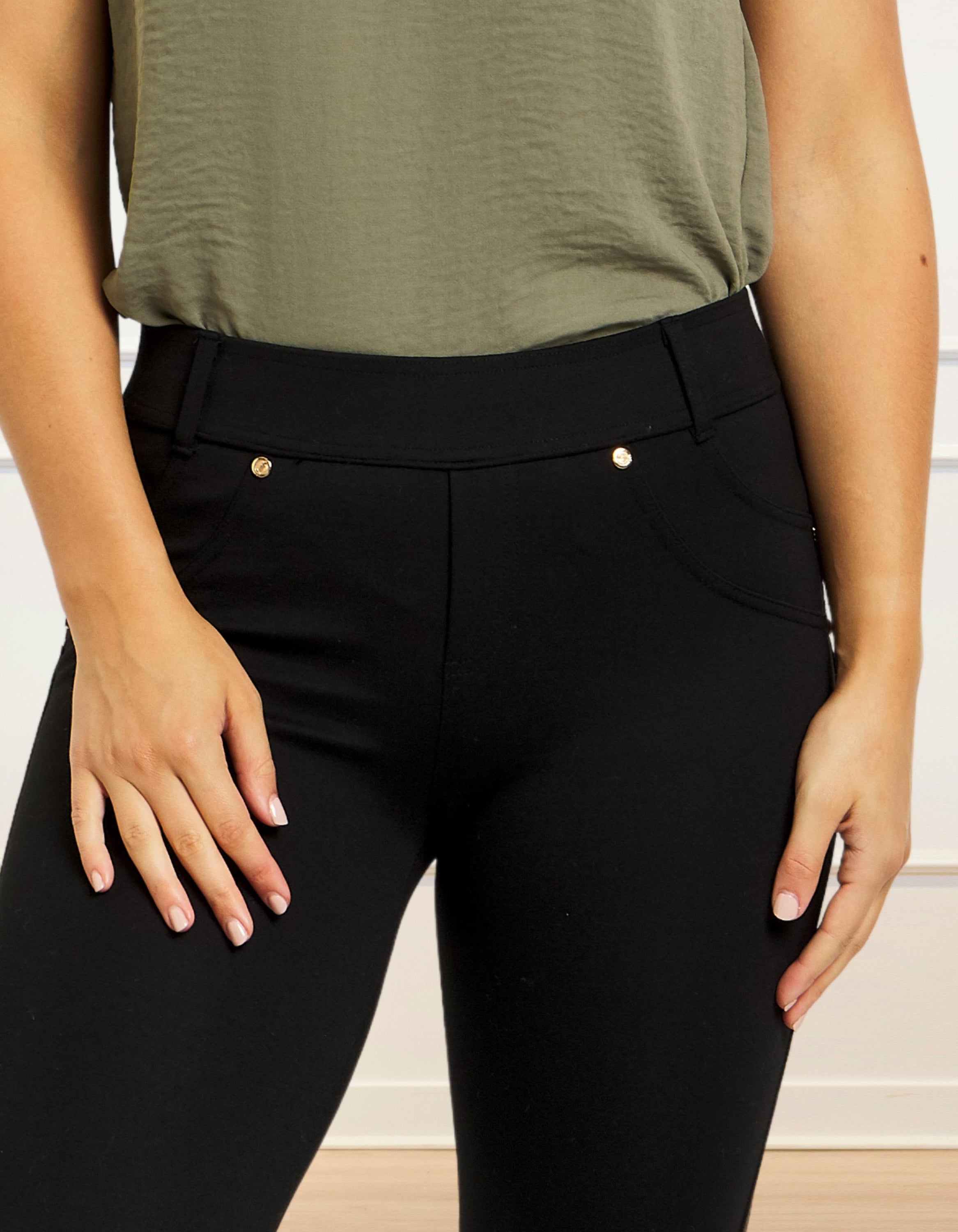 Lisa Stretch Pants in solid black, showcasing a slim fit design with faux front pocket and functional back pockets.