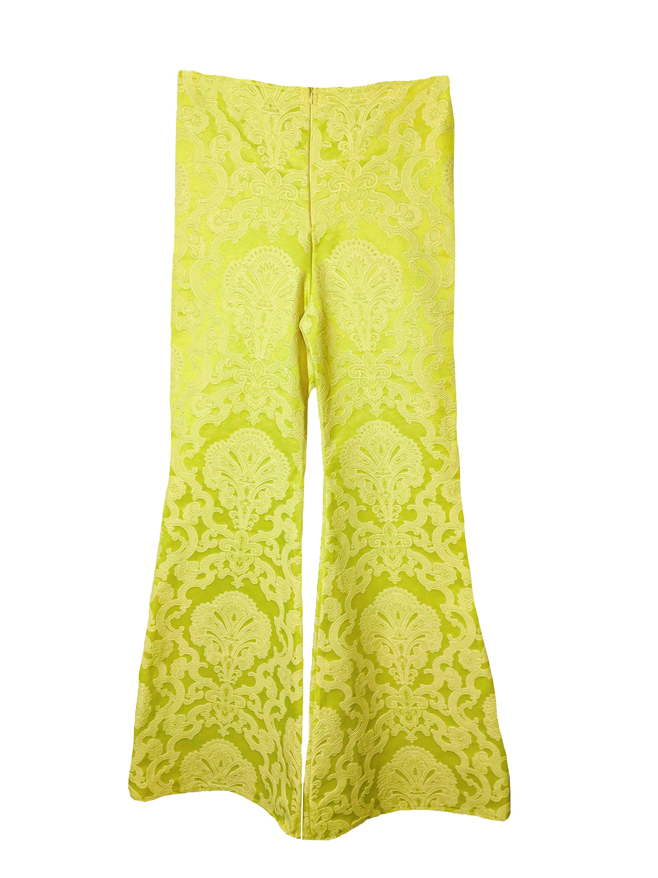 LISSA self-embossed brocade jacket and pants suit with neon green feather details, showcasing a stylish and modern design.