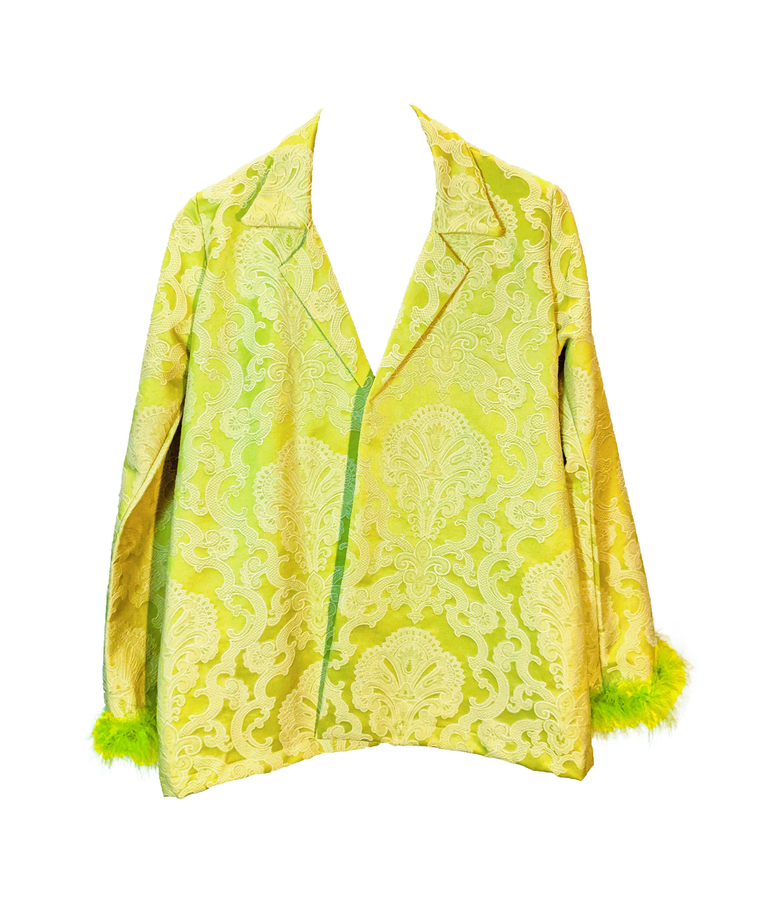 LISSA self-embossed brocade jacket and pants suit with neon green feather details, showcasing a stylish and modern design.