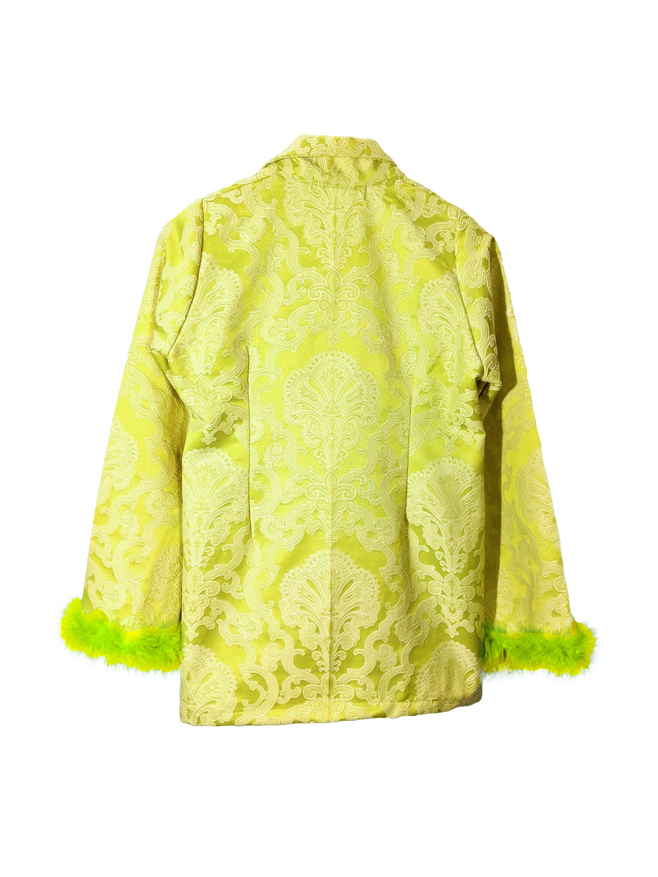 LISSA self-embossed brocade jacket and pants suit with neon green feather details, showcasing a stylish and modern design.