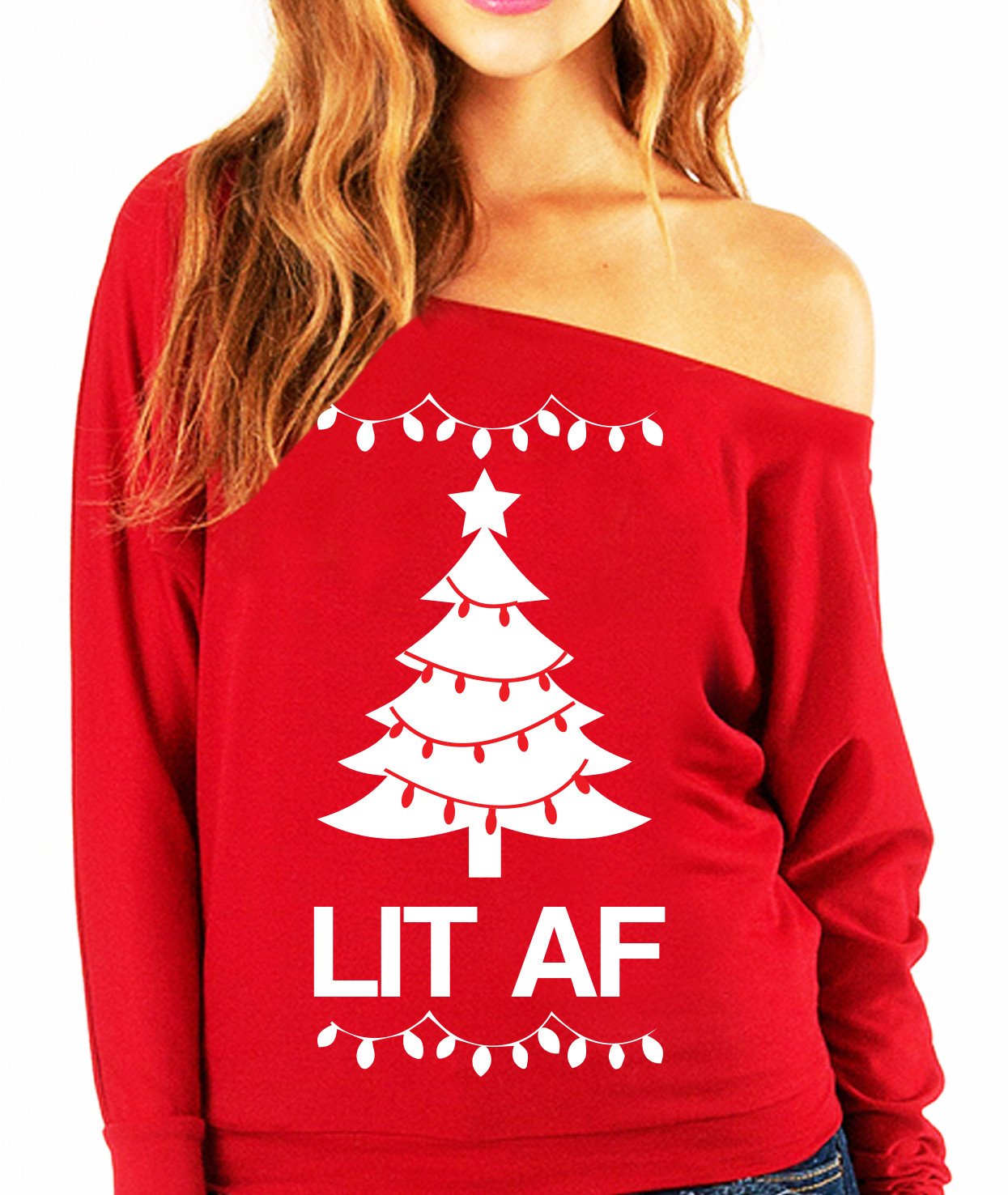 LIT AF Christmas Slouchy Sweatshirt in Christmas Red and Black, showcasing its soft fabric and relaxed fit.