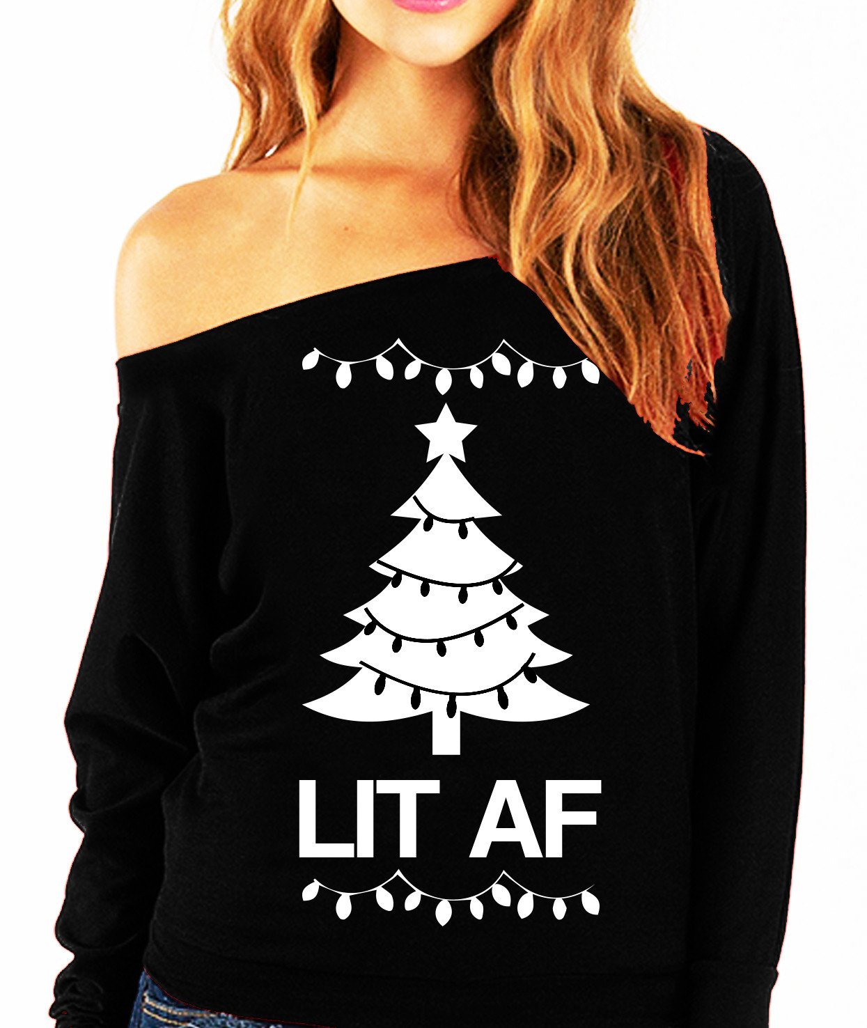 LIT AF Christmas Slouchy Sweatshirt in Christmas Red and Black, showcasing its soft fabric and relaxed fit.