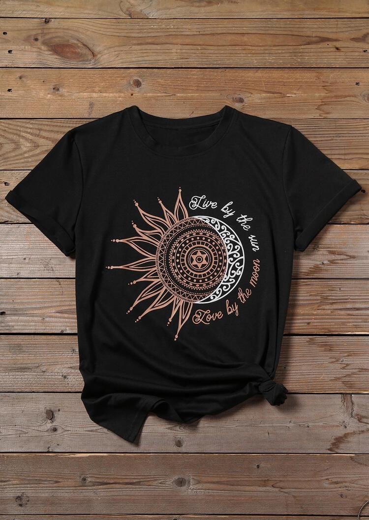 Black graphic tee featuring 'Live By The Sun Love By The Moon' design, showcasing a Bohemian style.