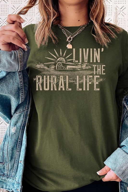 LIVIN THE RURAL LIFE TEE featuring a stylish graphic design, made from 100% cotton, available in various colors.