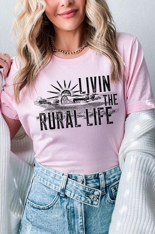 LIVIN THE RURAL LIFE TEE featuring a stylish graphic design, made from 100% cotton, available in various colors.