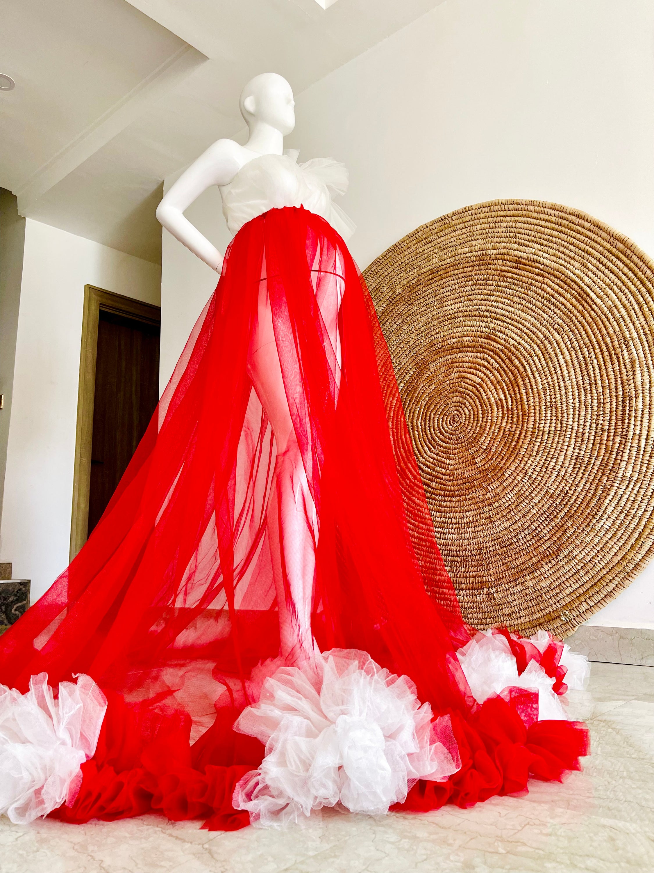 A stylish Liza-Red and White dress featuring a one-shoulder design and flowy tulle fabric, perfect for summer outings.