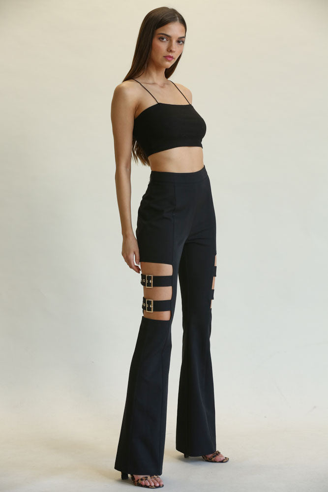 Lola High Waisted Belted Bell Bottom Pants featuring a stylish design with thigh cutout and adjustable buckle detail.