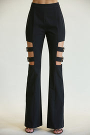 Lola High Waisted Belted Bell Bottom Pants featuring a stylish design with thigh cutout and adjustable buckle detail.