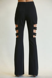 Lola High Waisted Belted Bell Bottom Pants featuring a stylish design with thigh cutout and adjustable buckle detail.