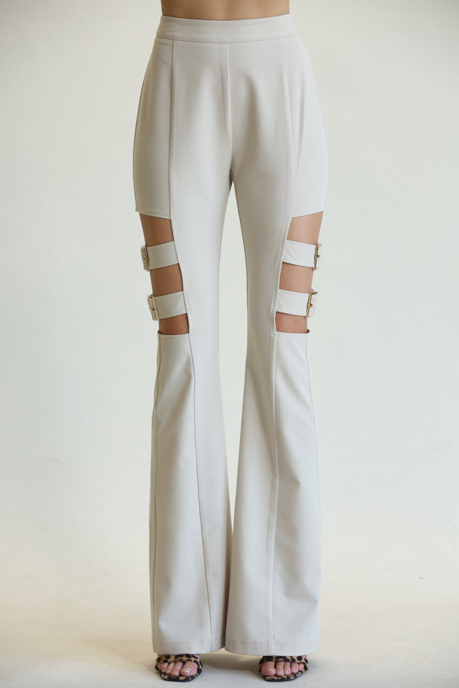 Lola High Waisted Belted Bell Bottom Pants featuring a stylish design with thigh cutout and adjustable buckle detail.