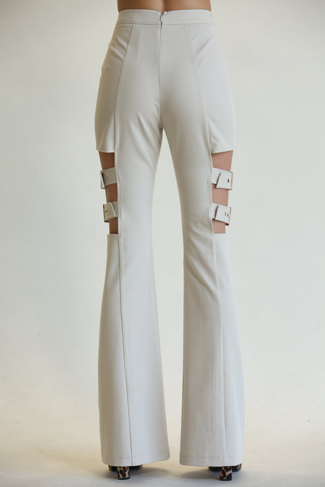 Lola High Waisted Belted Bell Bottom Pants featuring a stylish design with thigh cutout and adjustable buckle detail.