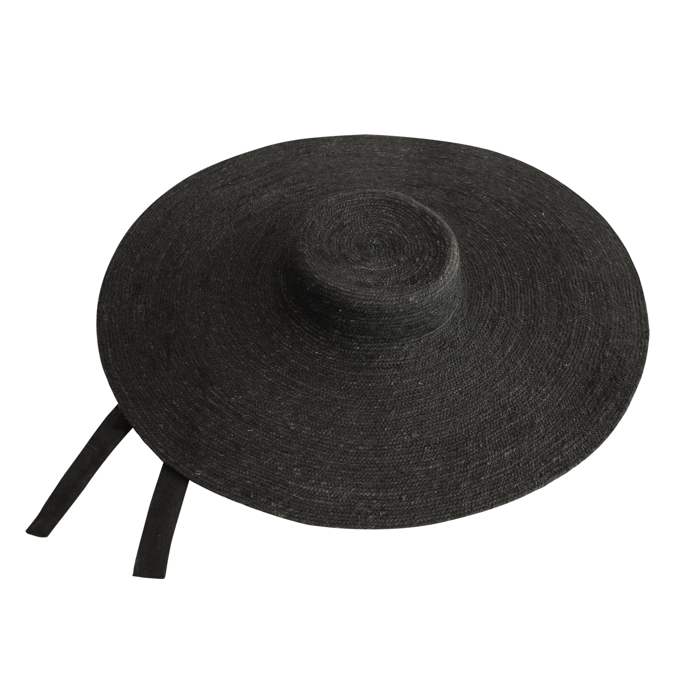 LOLA Wide Brim Jute Straw Hat in Black, showcasing its elegant design and wide brim, perfect for summer outings.