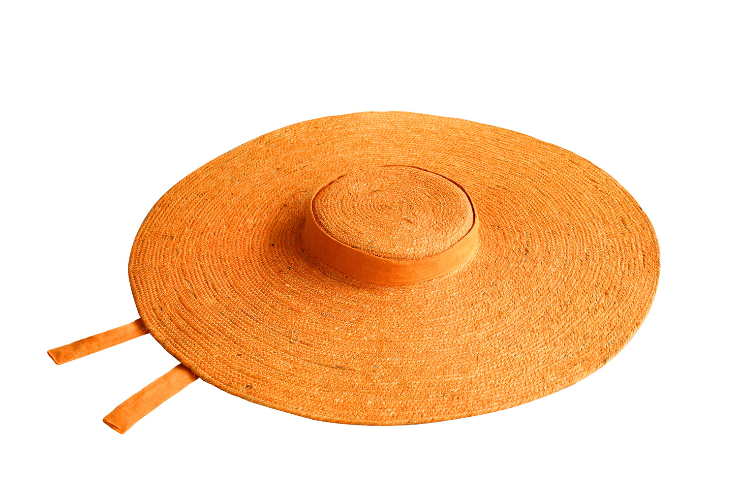 LOLA Wide Brim Jute Straw Hat in vibrant orange, showcasing a wide brim and natural jute material, perfect for summer outings.