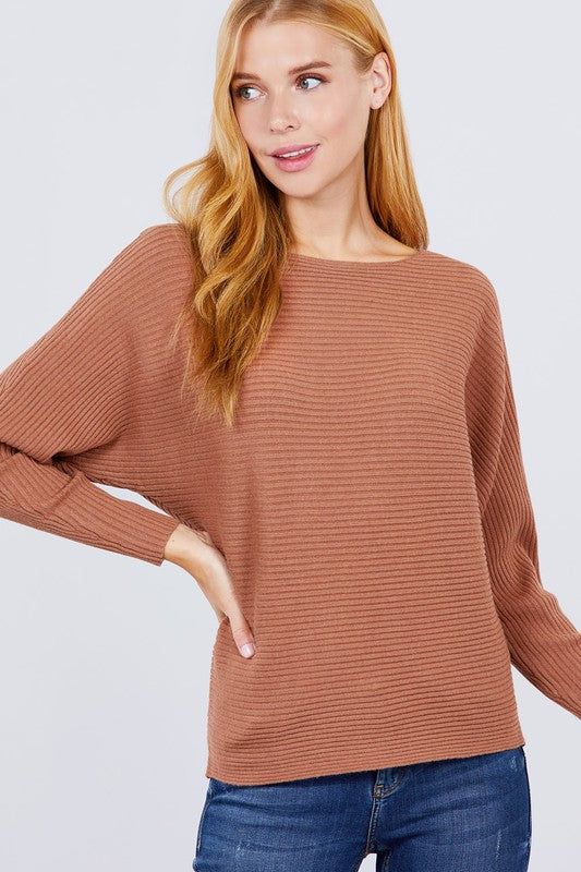 Long dolman sleeve boat neck rib sweater top in soft fabric, showcasing a stylish design suitable for various occasions.