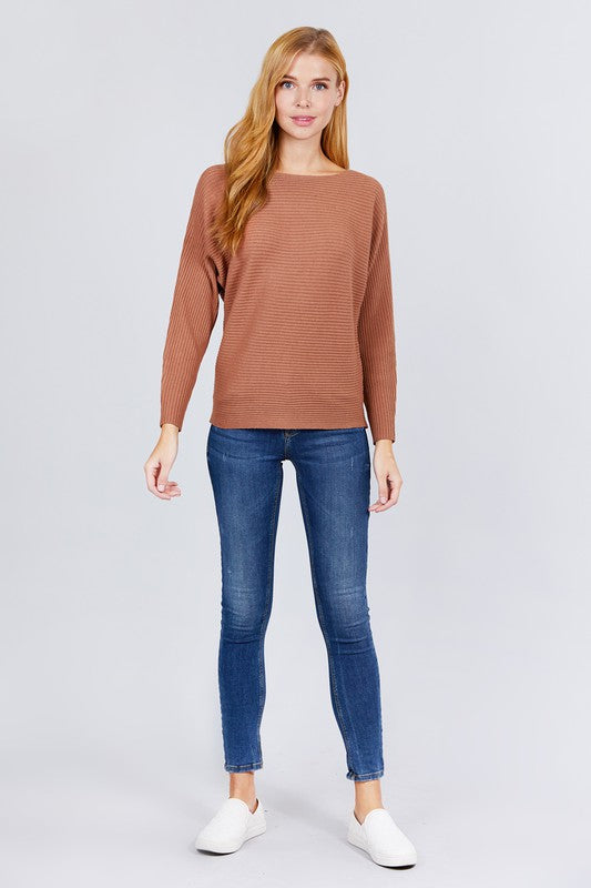 Long dolman sleeve boat neck rib sweater top in soft fabric, showcasing a stylish design suitable for various occasions.