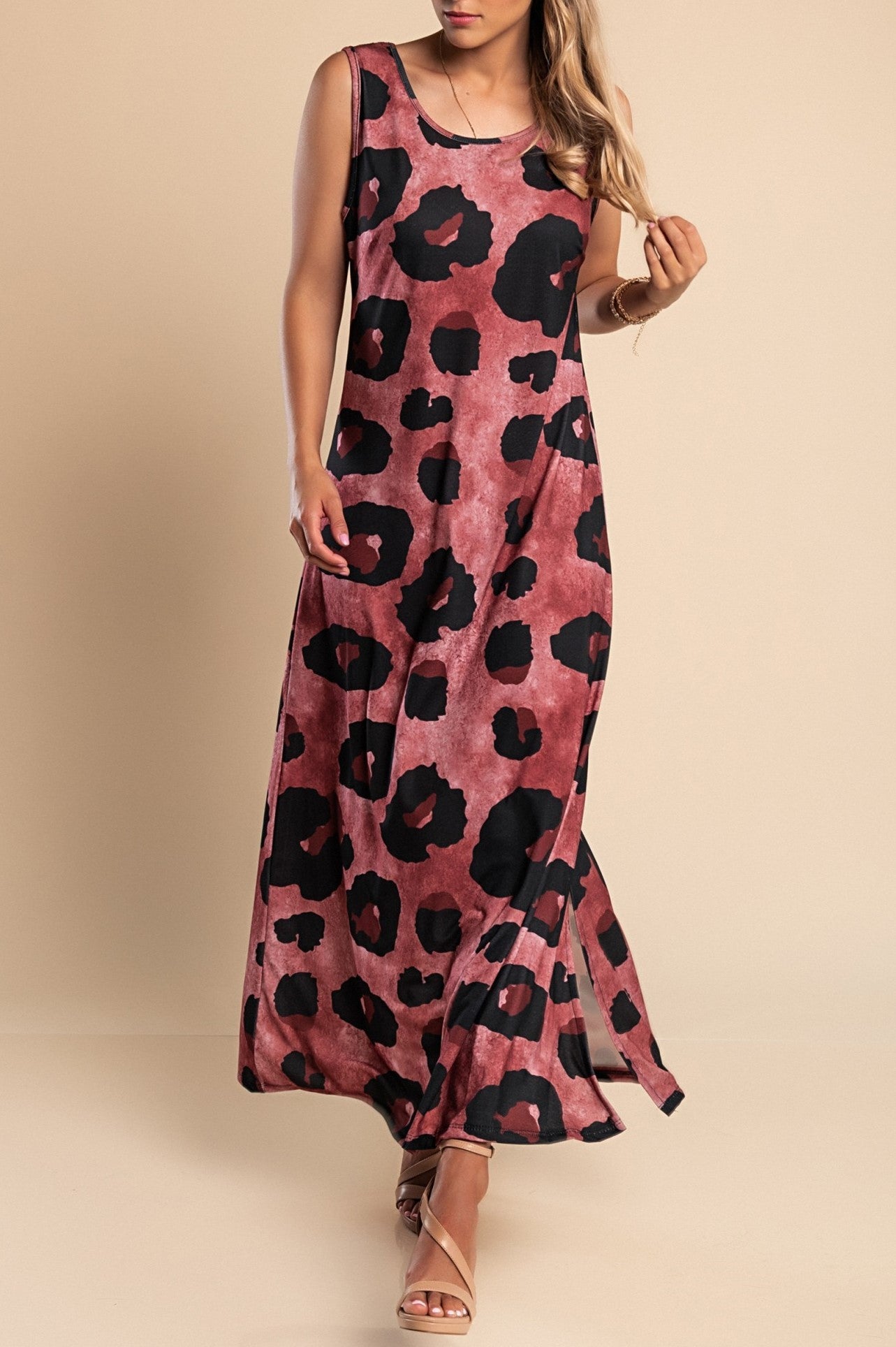 Elegant burgundy long dress featuring a stylish leopard print and a side slit, perfect for various occasions.