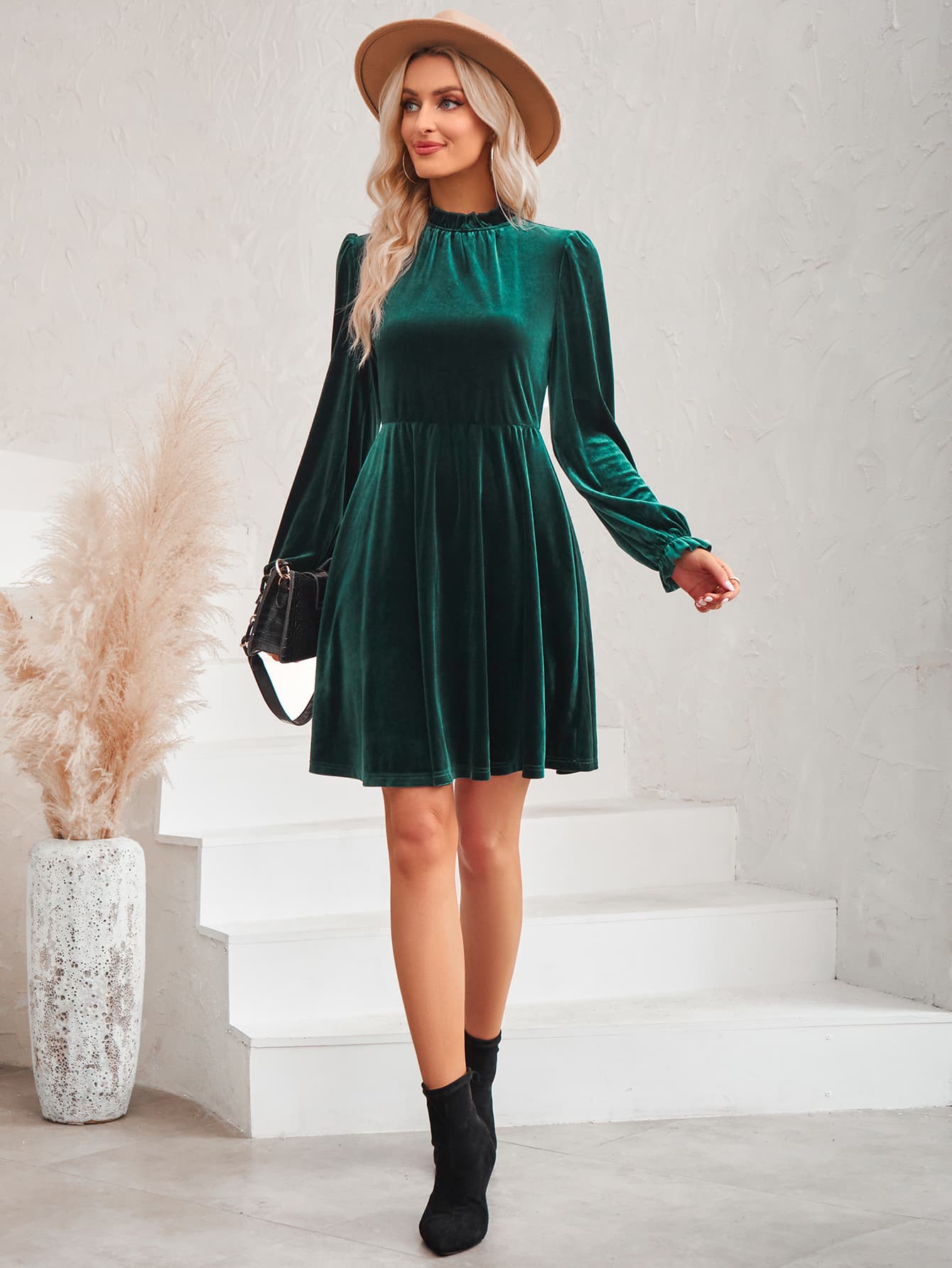 A stylish Long Flounce Sleeve A-Line Dress featuring a mock neck, flounce sleeves, and a chic solid pattern, perfect for various occasions.