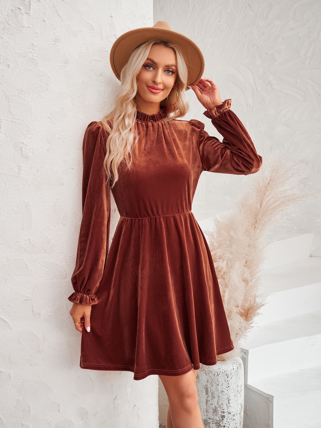 A stylish Long Flounce Sleeve A-Line Dress featuring a mock neck, flounce sleeves, and a chic solid pattern, perfect for various occasions.