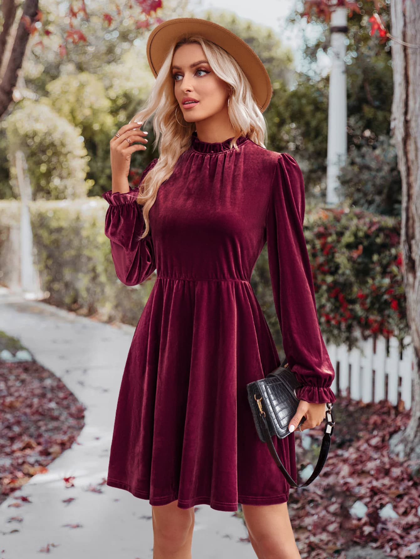 A stylish Long Flounce Sleeve A-Line Dress featuring a mock neck, flounce sleeves, and a chic solid pattern, perfect for various occasions.