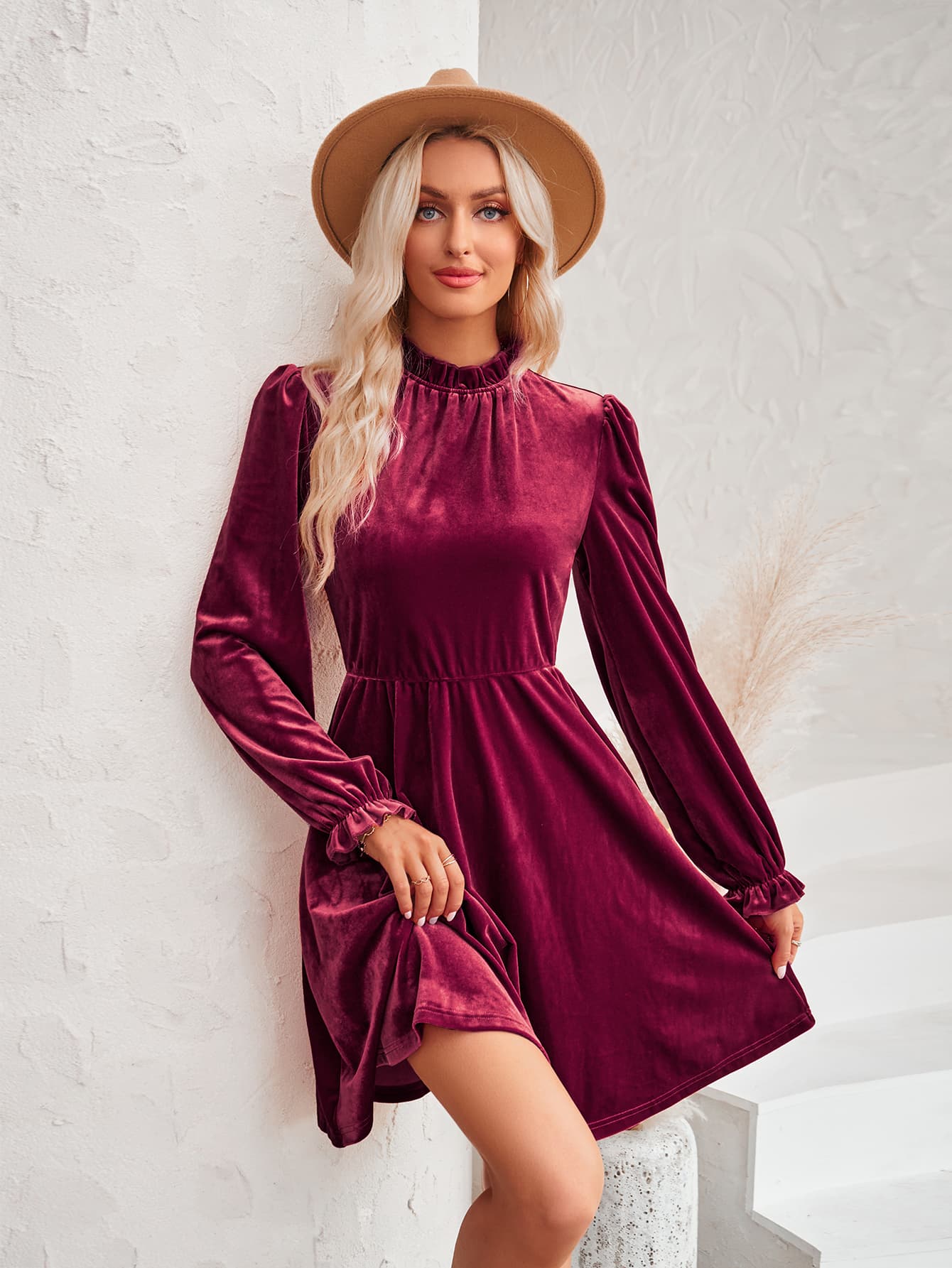 A stylish Long Flounce Sleeve A-Line Dress featuring a mock neck, flounce sleeves, and a chic solid pattern, perfect for various occasions.