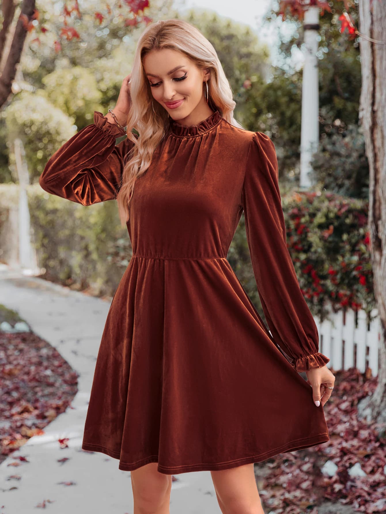 A stylish Long Flounce Sleeve A-Line Dress featuring a mock neck, flounce sleeves, and a chic solid pattern, perfect for various occasions.