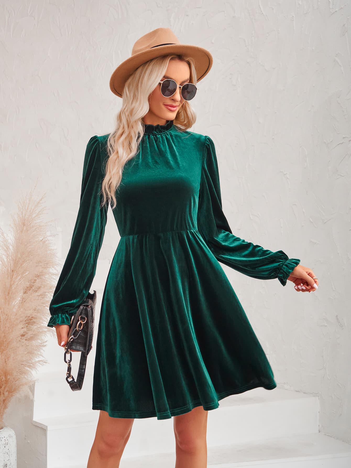 A stylish Long Flounce Sleeve A-Line Dress featuring a mock neck, flounce sleeves, and a chic solid pattern, perfect for various occasions.