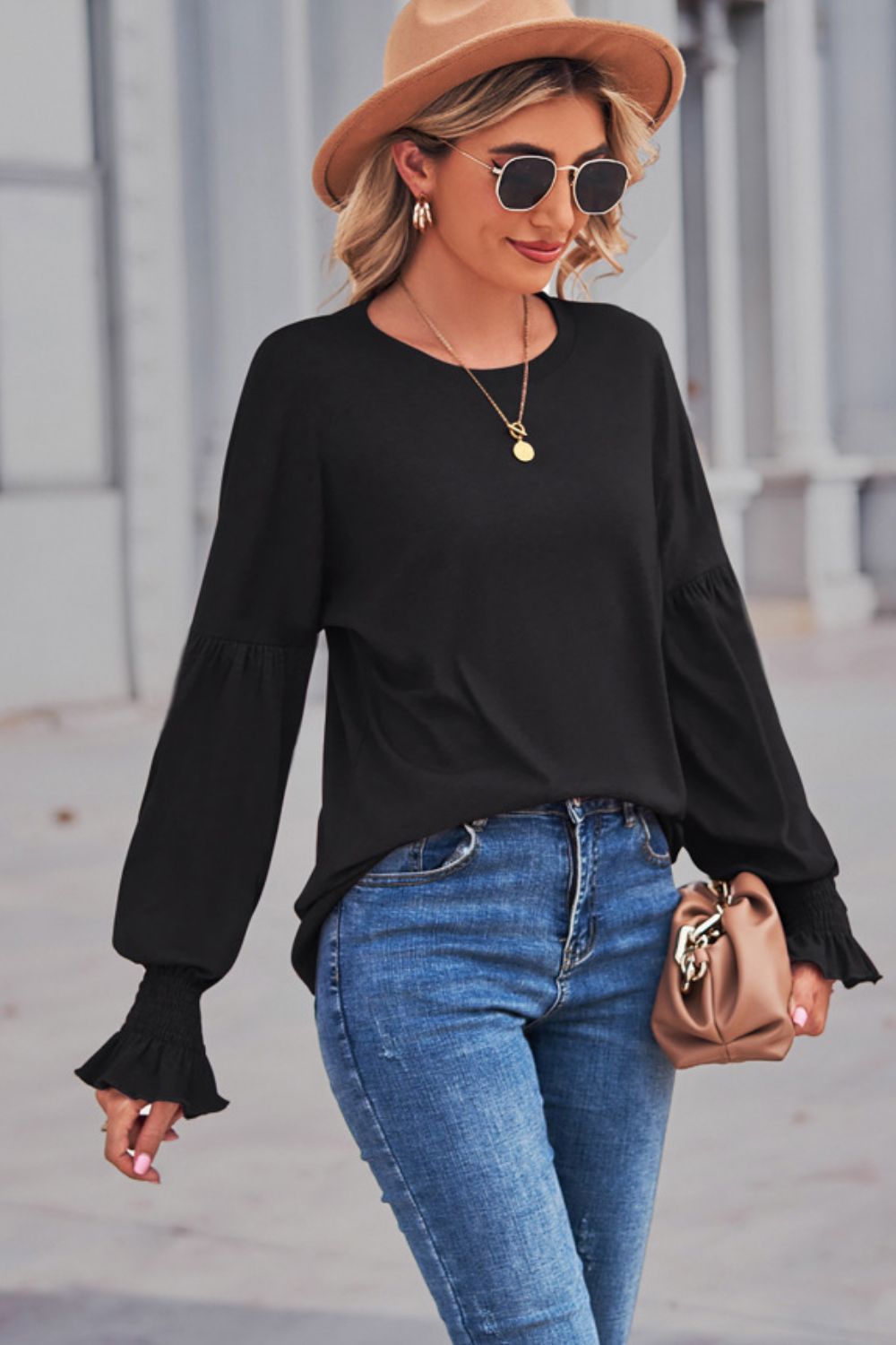 Long Flounce Sleeve Round Neck Top in solid color with lantern sleeves, showcasing a casual and stylish design.