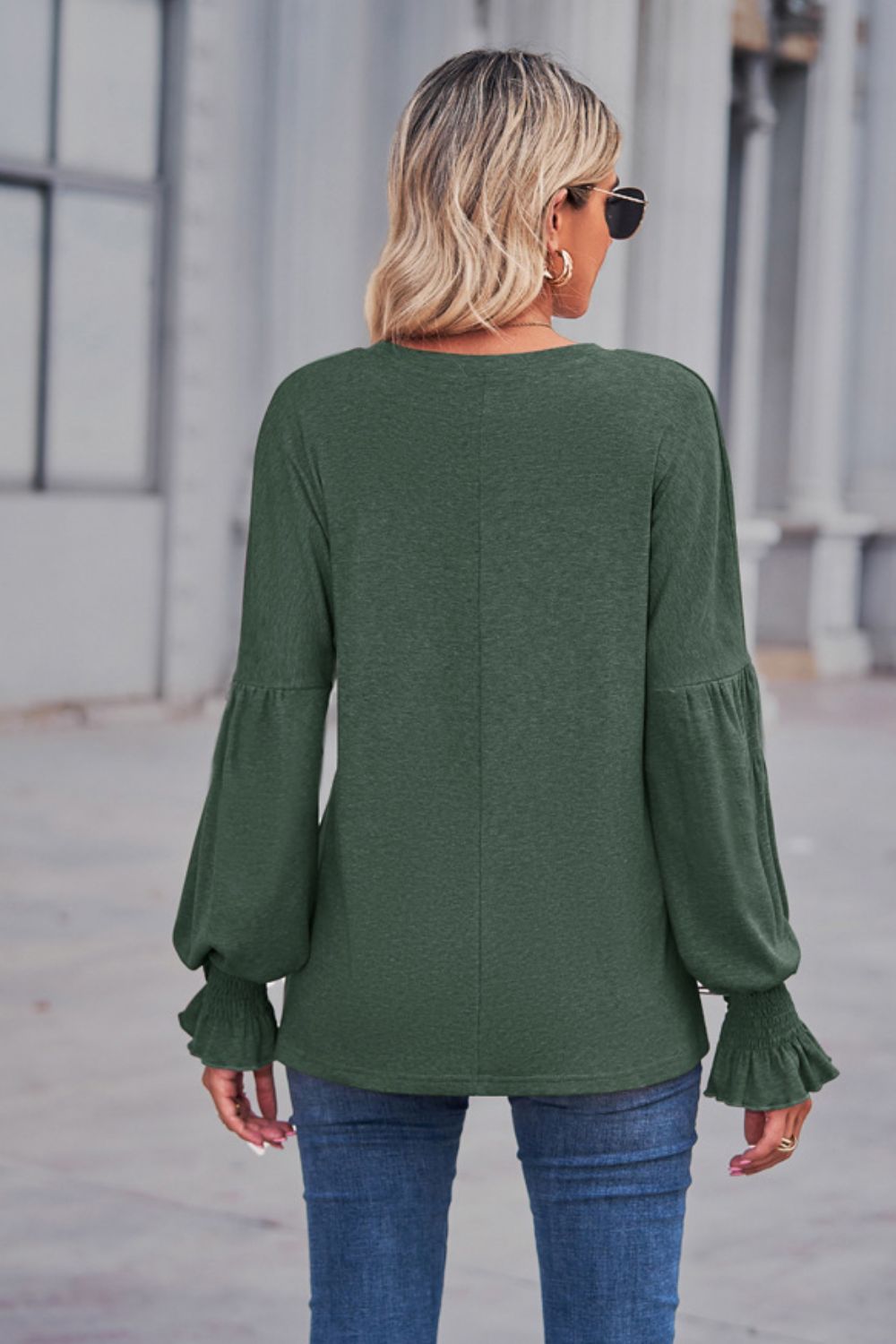 Long Flounce Sleeve Round Neck Top in solid color with lantern sleeves, showcasing a casual and stylish design.