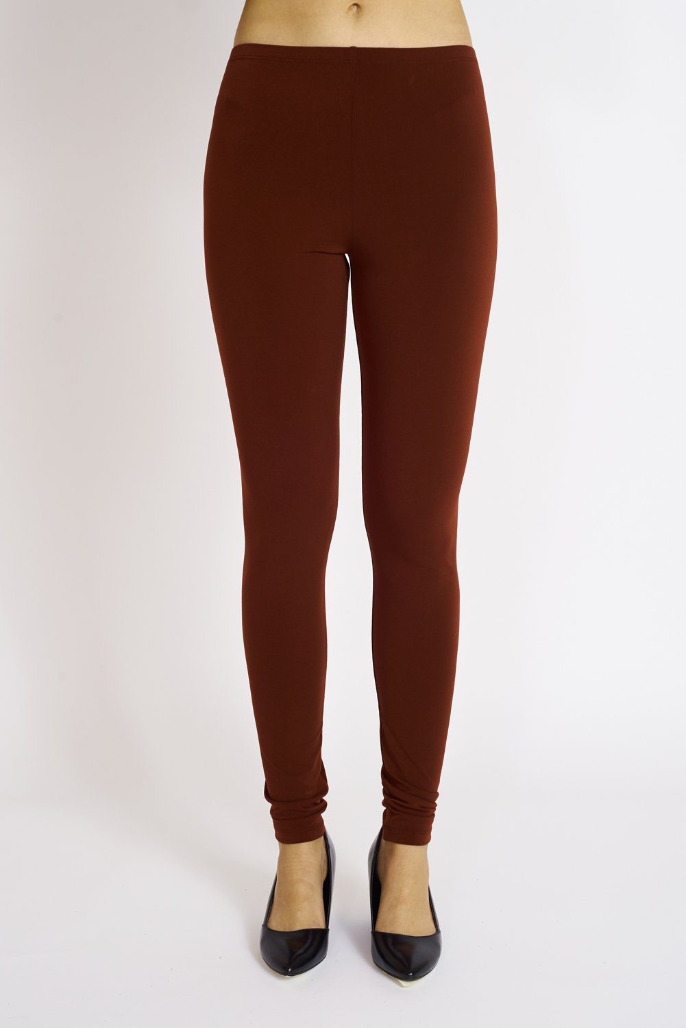 A pair of burgundy long leggings featuring a smooth elastic waistband, designed for comfort and style.