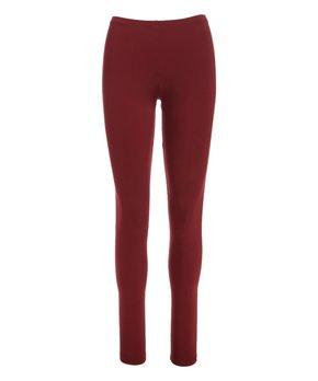 A pair of burgundy long leggings featuring a smooth elastic waistband, designed for comfort and style.