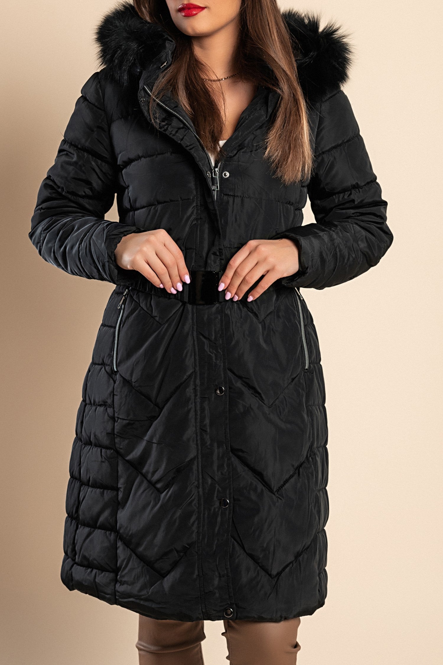 Long padded black winter jacket with hood and synthetic fur, designed for plus sizes, featuring a high collar and zip closure.