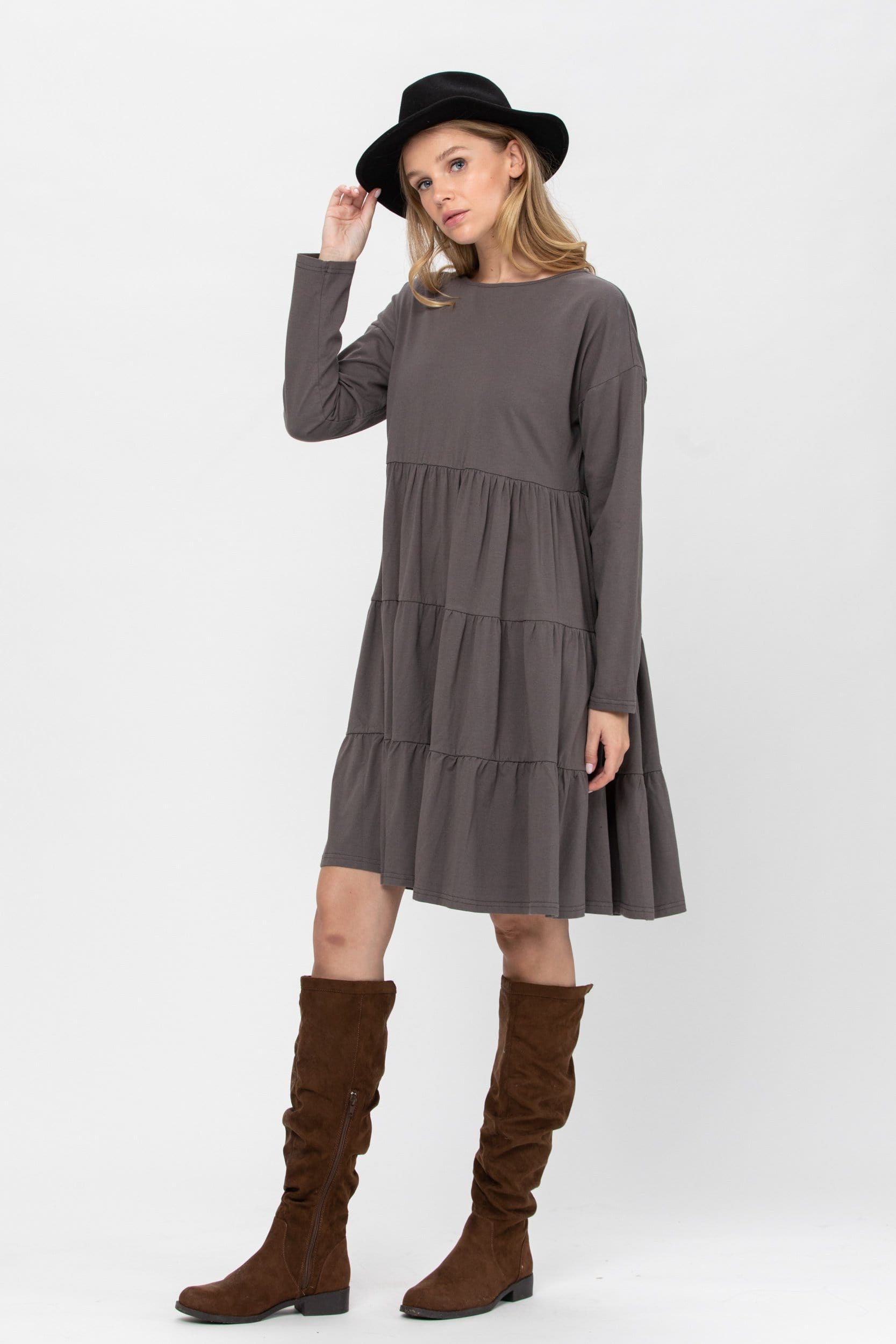 A stylish Long Sleeve 3 Tiered Casual Flared Cotton Mini Dress in a soft cotton blend, featuring a boat neck and flared design, perfect for various occasions.