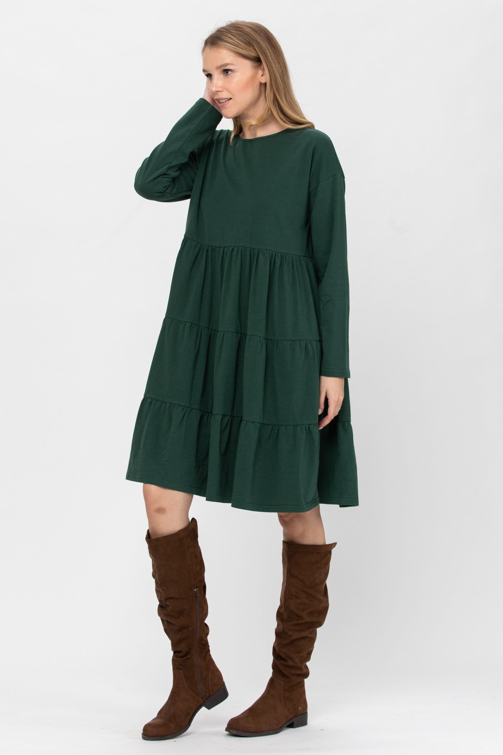 A stylish Long Sleeve 3 Tiered Casual Flared Cotton Mini Dress in a soft cotton blend, featuring a boat neck and flared design, perfect for various occasions.