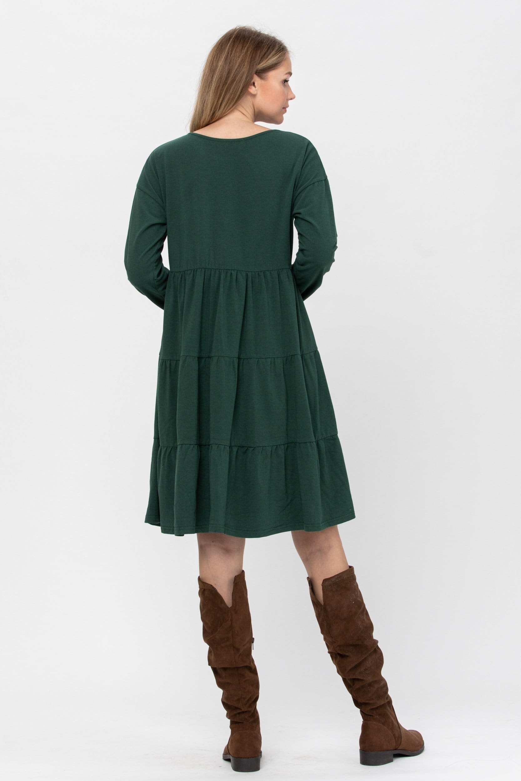 A stylish Long Sleeve 3 Tiered Casual Flared Cotton Mini Dress in a soft cotton blend, featuring a boat neck and flared design, perfect for various occasions.