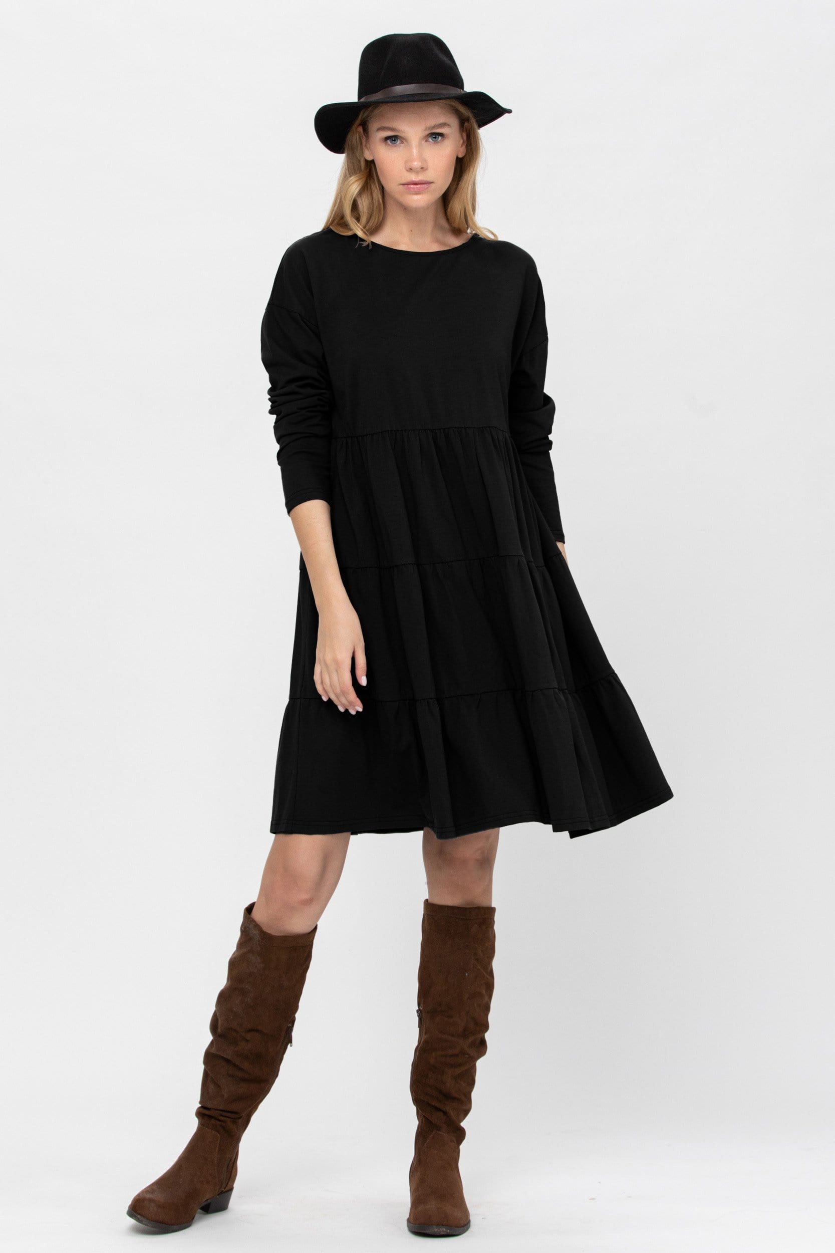 A stylish Long Sleeve 3 Tiered Casual Flared Cotton Mini Dress in a soft cotton blend, featuring a boat neck and flared design, perfect for various occasions.