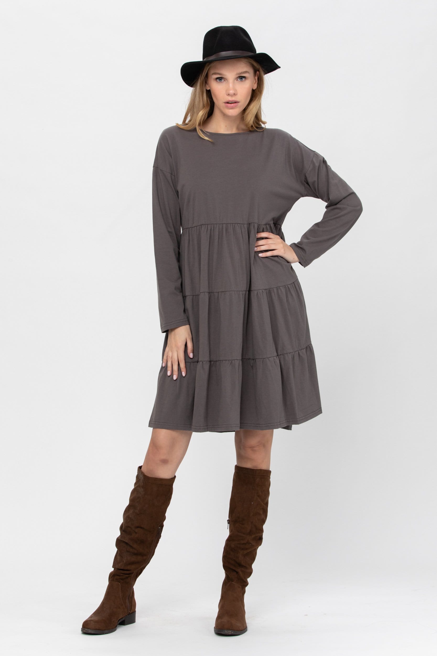 A stylish Long Sleeve 3 Tiered Casual Flared Cotton Mini Dress in a soft cotton blend, featuring a boat neck and flared design, perfect for various occasions.