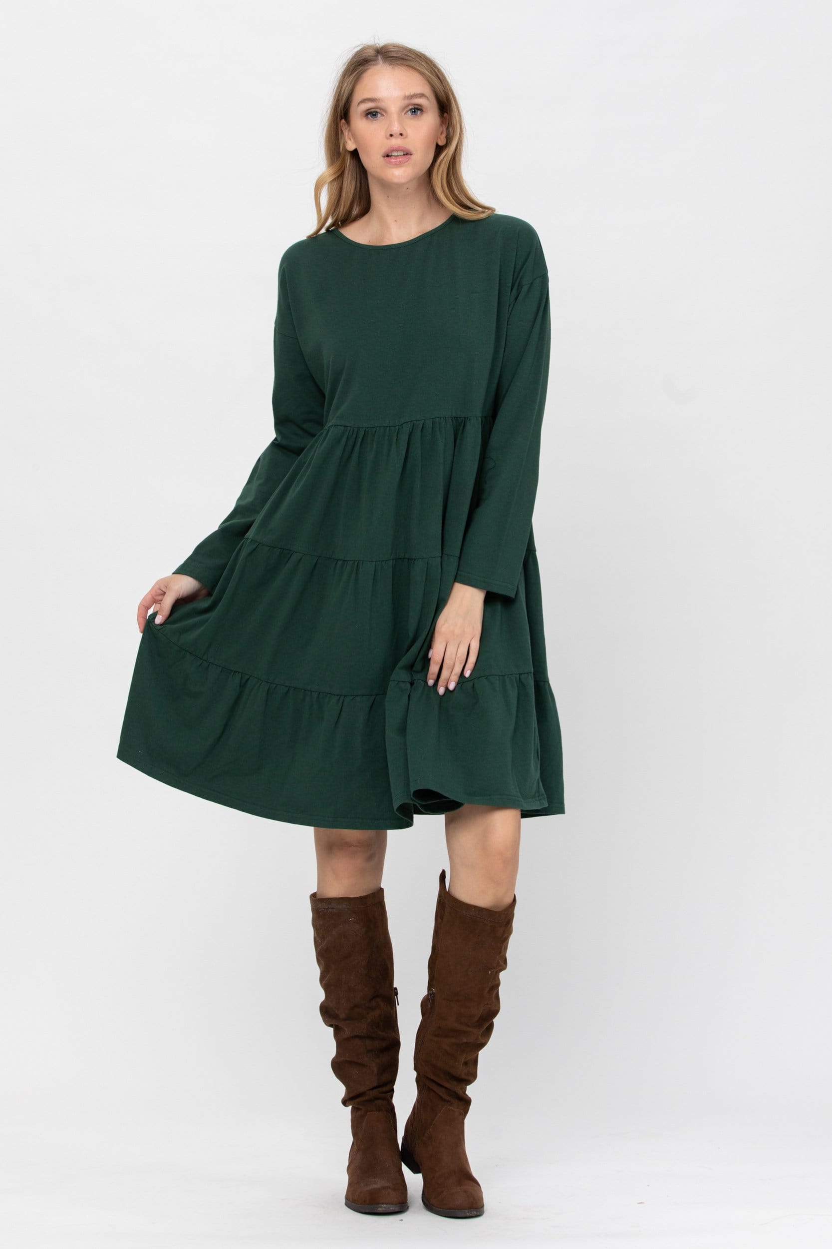 A stylish Long Sleeve 3 Tiered Casual Flared Cotton Mini Dress in a soft cotton blend, featuring a boat neck and flared design, perfect for various occasions.