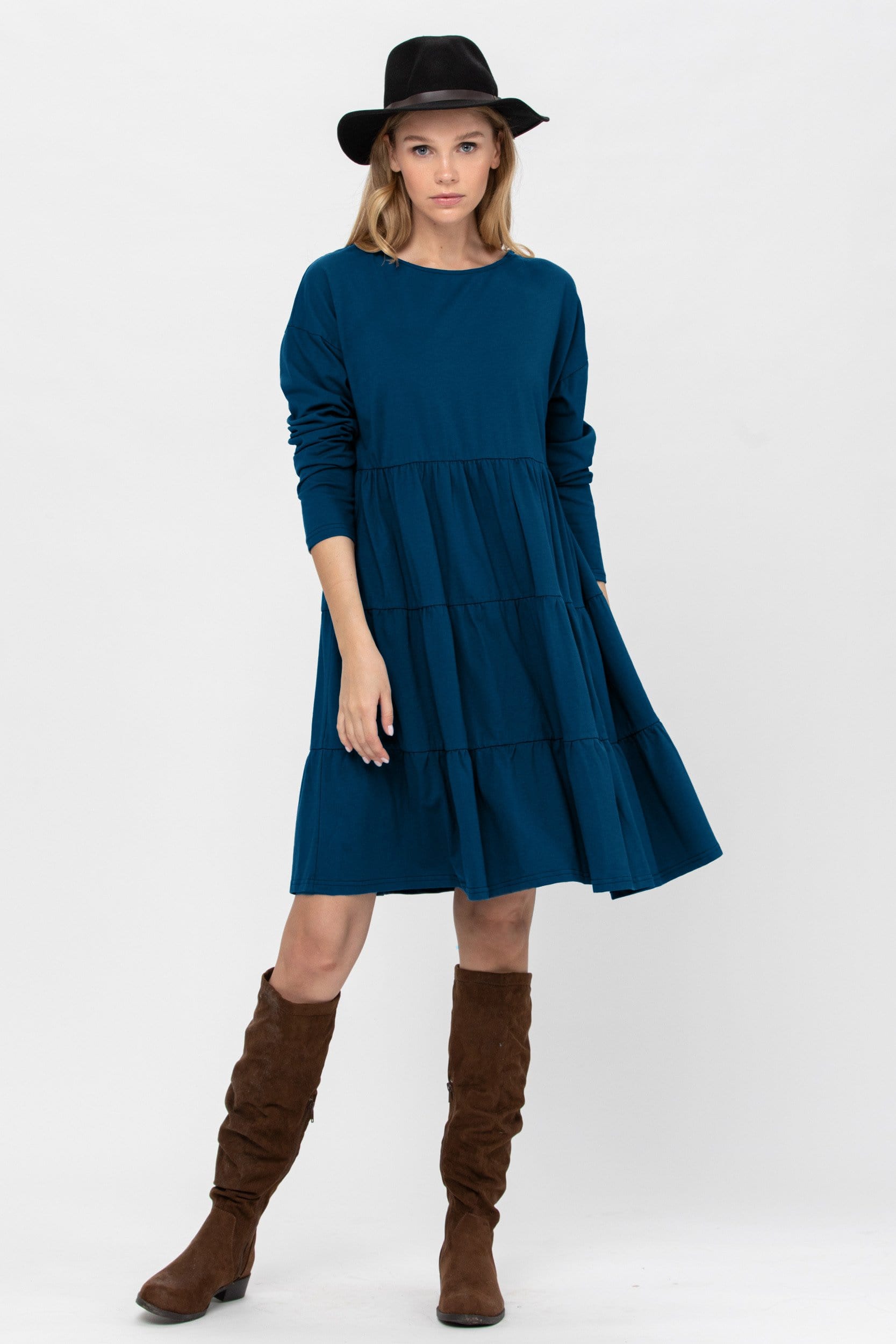 A stylish Long Sleeve 3 Tiered Casual Flared Cotton Mini Dress in a soft cotton blend, featuring a boat neck and flared design, perfect for various occasions.