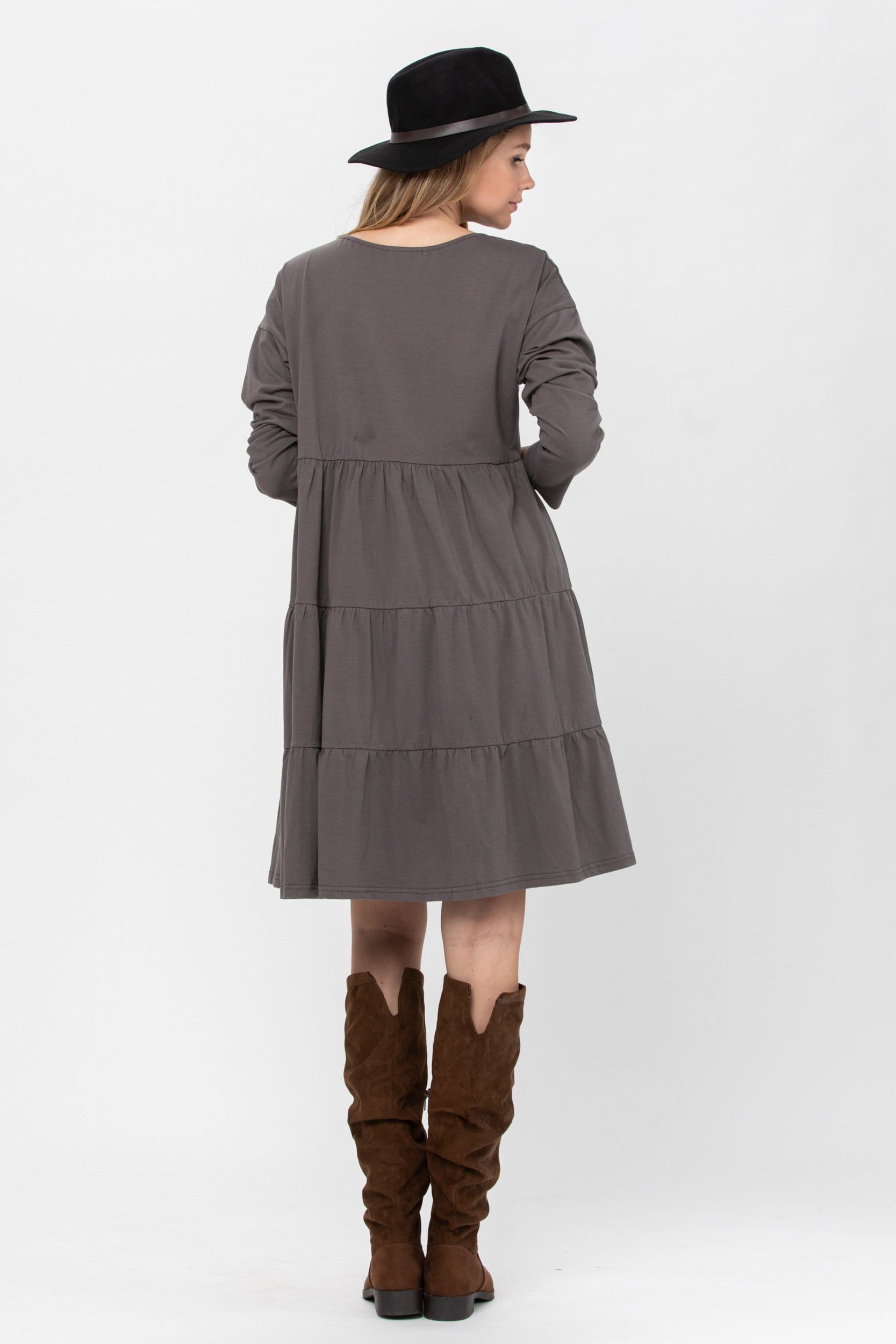 A stylish Long Sleeve 3 Tiered Casual Flared Cotton Mini Dress in a soft cotton blend, featuring a boat neck and flared design, perfect for various occasions.