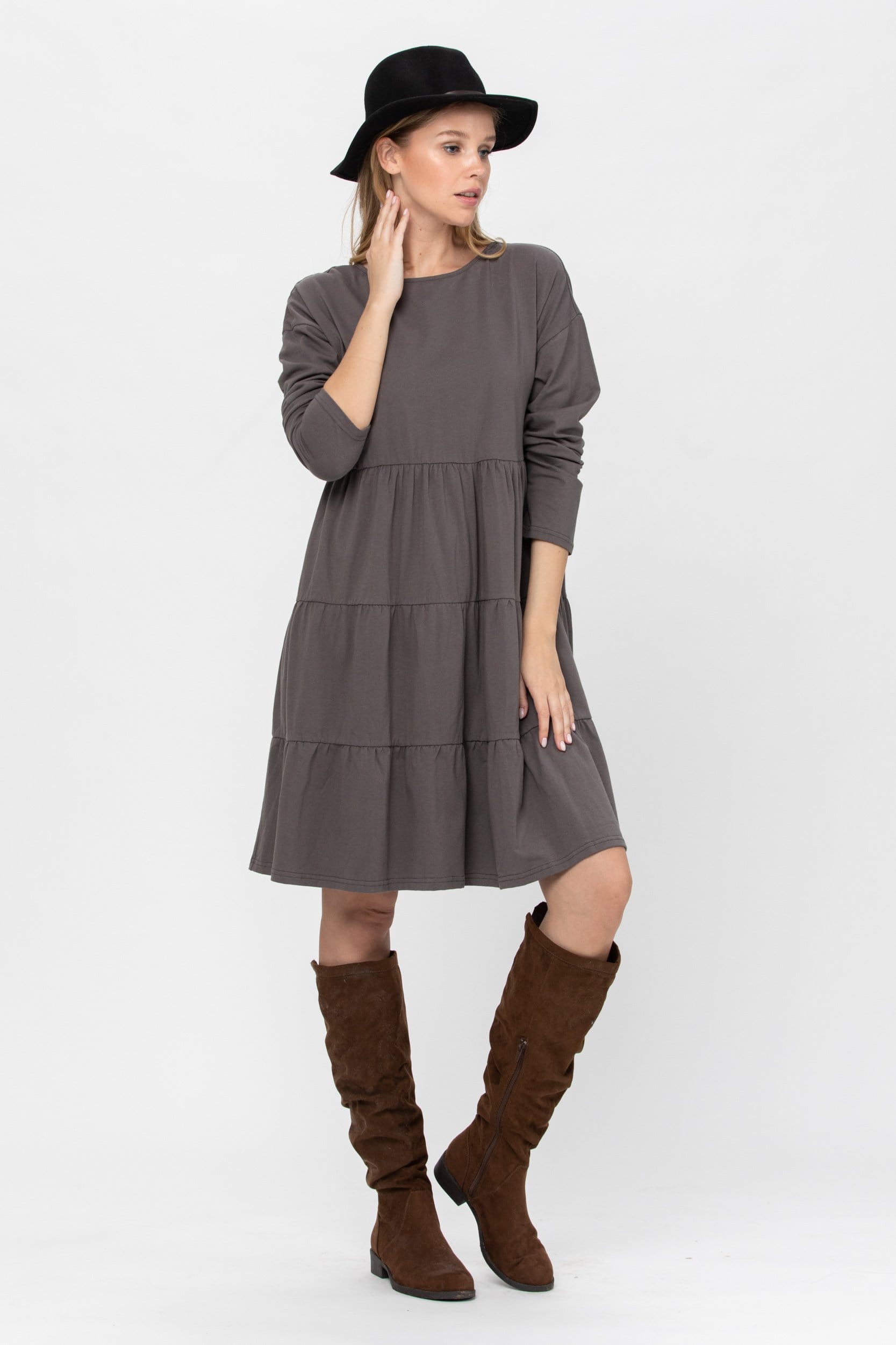 A stylish Long Sleeve 3 Tiered Casual Flared Cotton Mini Dress in a soft cotton blend, featuring a boat neck and flared design, perfect for various occasions.