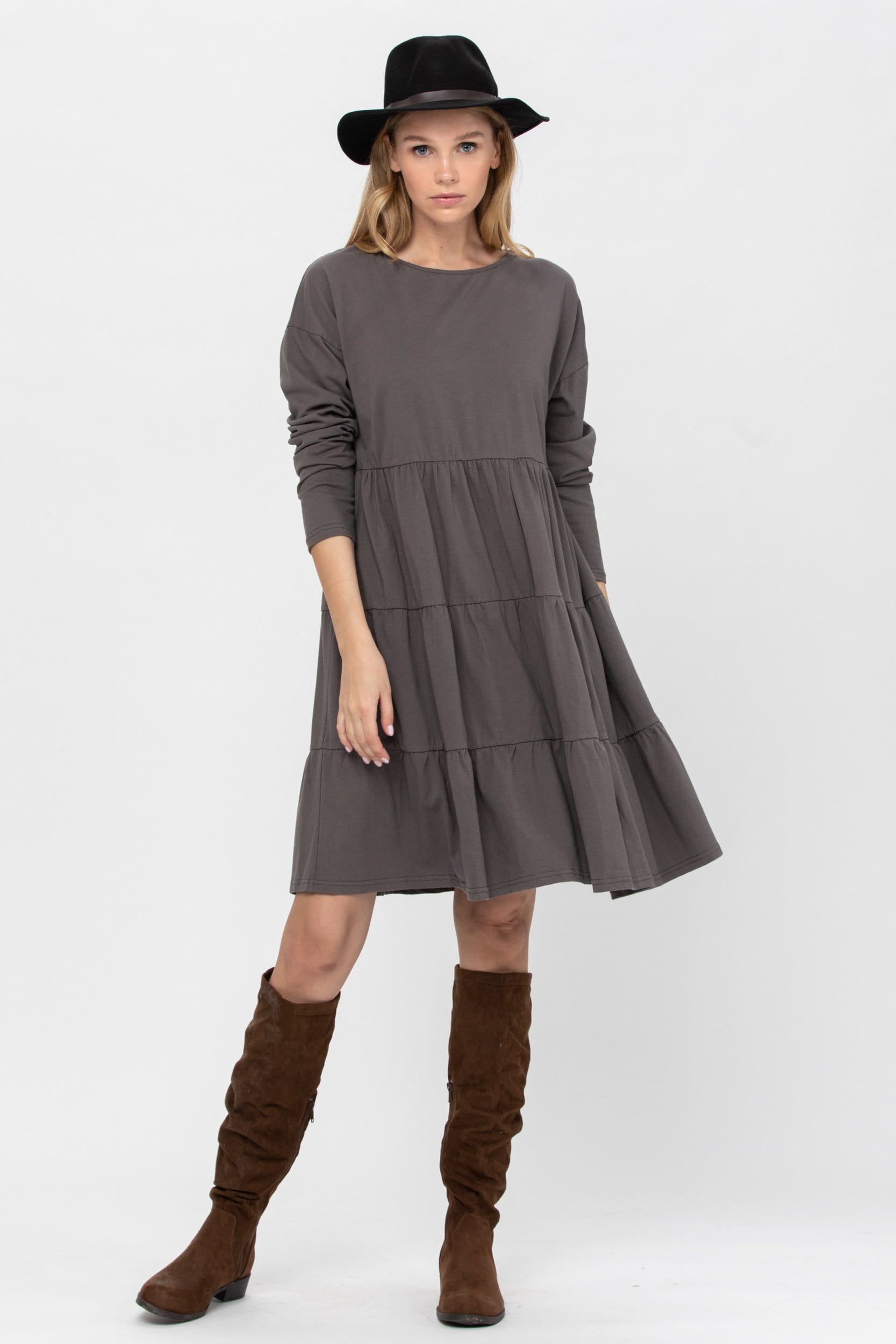 A stylish Long Sleeve 3 Tiered Casual Flared Cotton Mini Dress in a soft cotton blend, featuring a boat neck and flared design, perfect for various occasions.