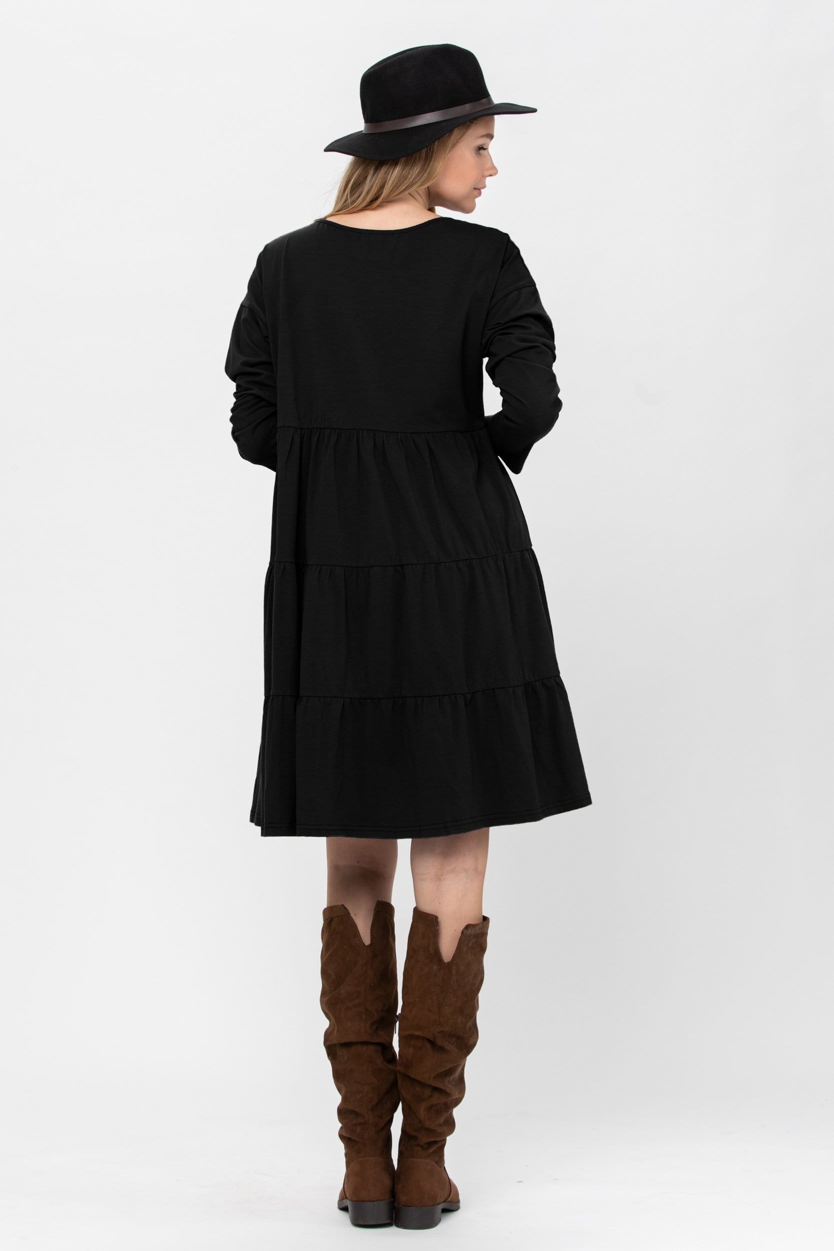 A stylish Long Sleeve 3 Tiered Casual Flared Cotton Mini Dress in a soft cotton blend, featuring a boat neck and flared design, perfect for various occasions.