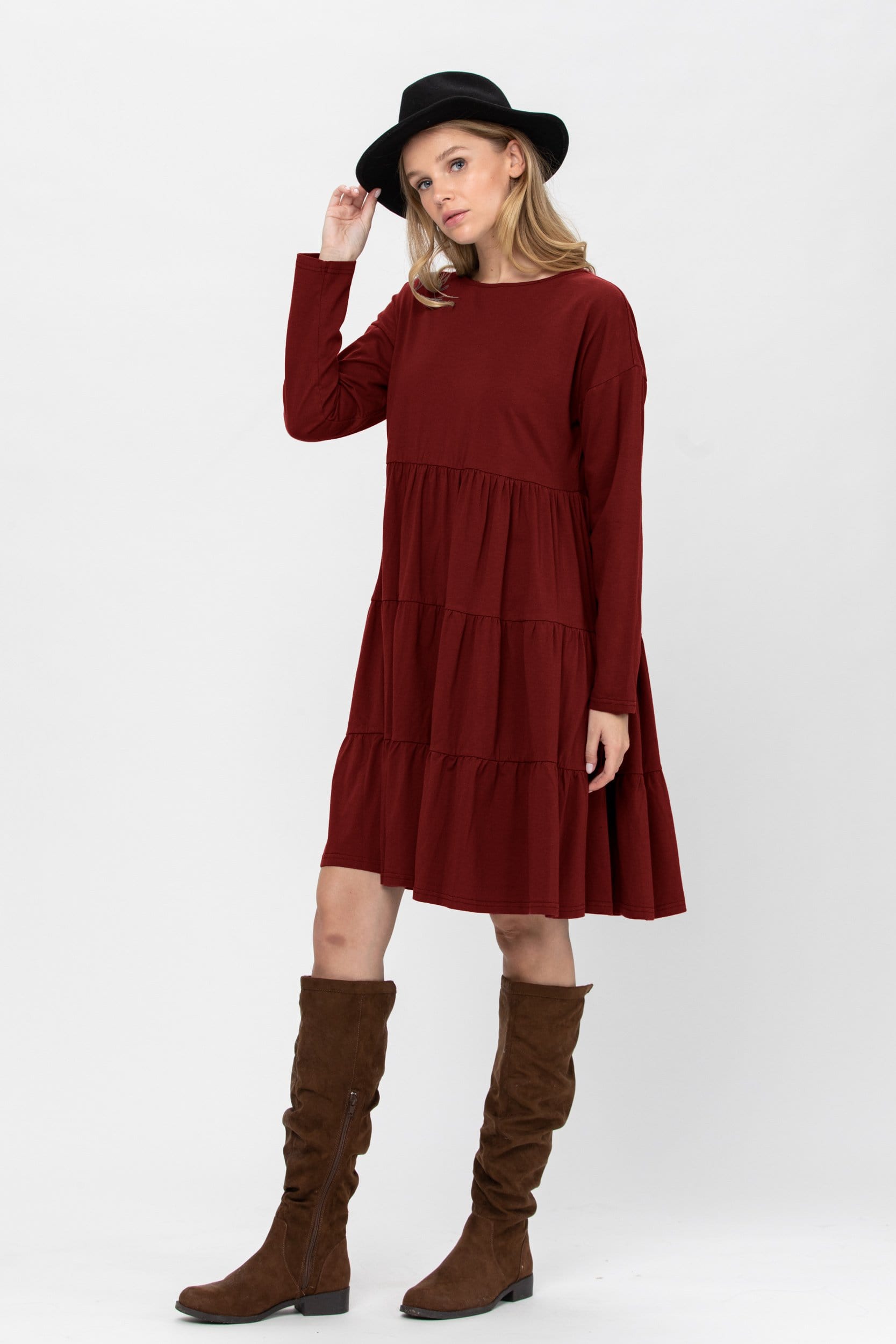 A stylish Long Sleeve 3 Tiered Casual Flared Cotton Mini Dress in a soft cotton blend, featuring a boat neck and flared design, perfect for various occasions.