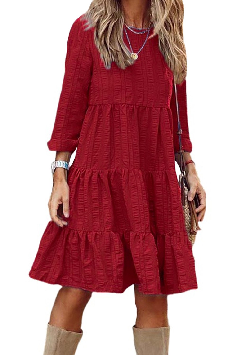 A stylish Long Sleeve Babydoll Ruffled Mini Dress featuring a feminine silhouette, pleated detailing, and a layered ruffled hemline.