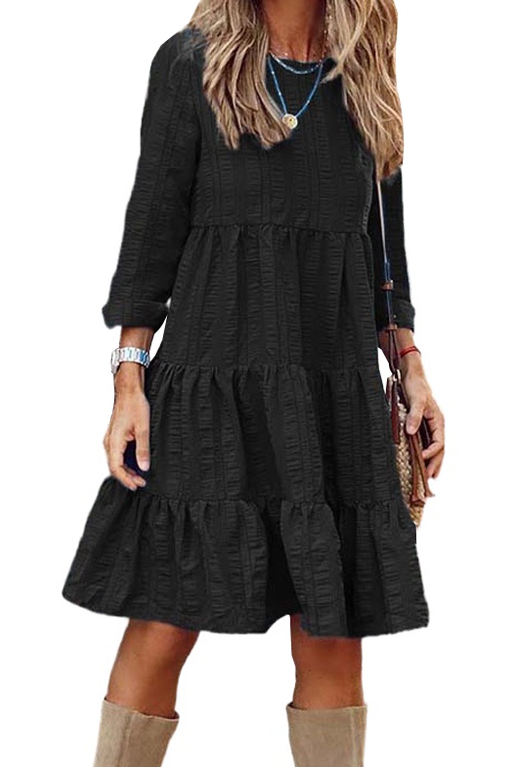 A stylish Long Sleeve Babydoll Ruffled Mini Dress featuring a feminine silhouette, pleated detailing, and a layered ruffled hemline.