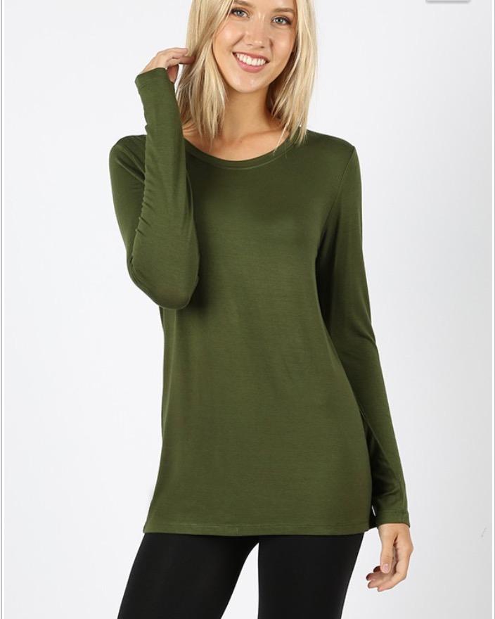 A stylish long sleeve crew neck top in army green, showcasing its flattering fit and classic design.