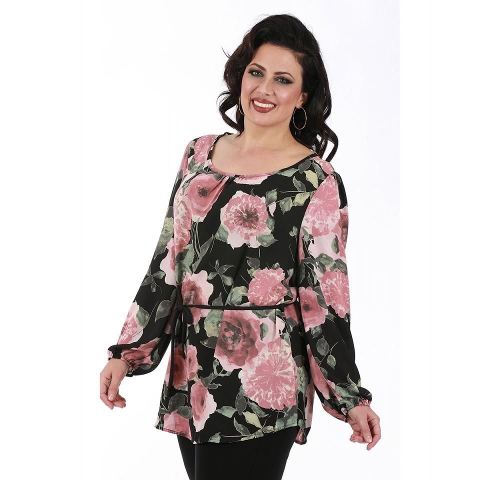 Long Sleeve Floral Georgette Fashion Top featuring a scoop neck and stylish belt, made from lightweight polyester fabric.